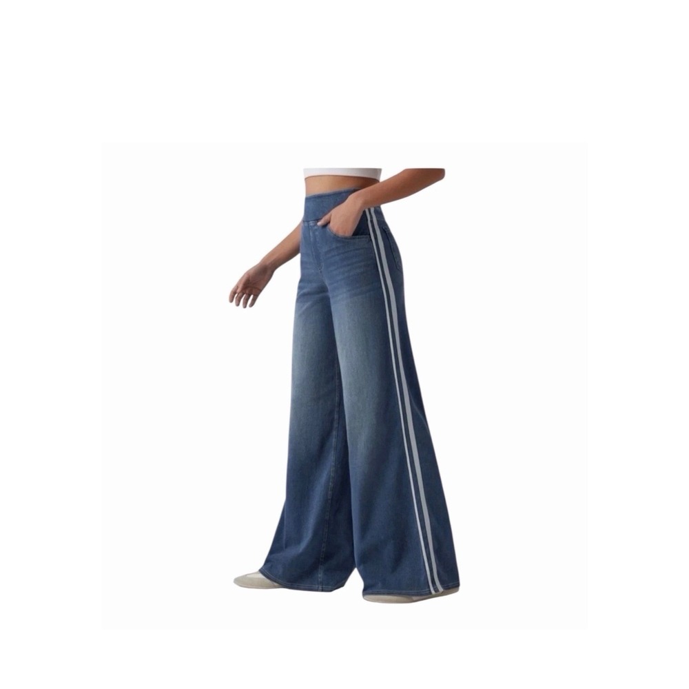 Halara High Waisted Wide Leg Denim Jeans Side Stripe Women's Large Petite  NWOT‎